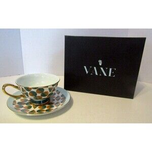 Vine Monogram Retro Modern Tea Set Designer Teacup Saucer Bone China NIB